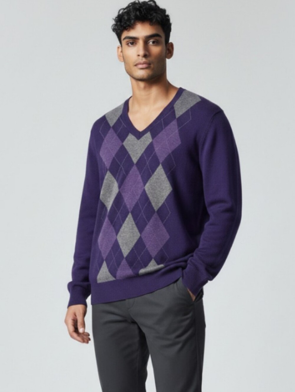 Banana Republic Men’s Merino Wool Argyle Sweater V-Neck Purple Gray - Sz Large